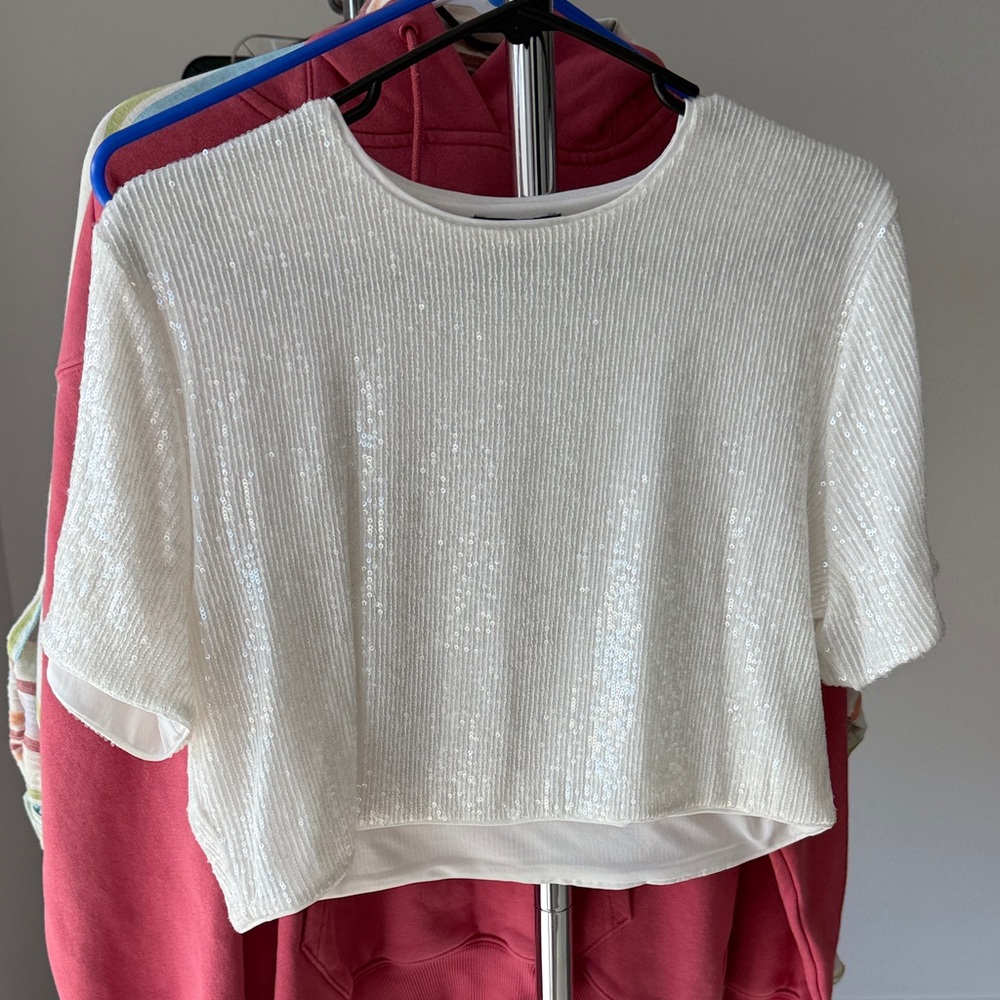 Express White Sequin Crop Top